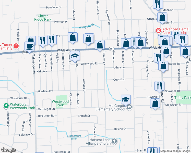 map of restaurants, bars, coffee shops, grocery stores, and more near 5564 Bannockburn Drive in Toledo