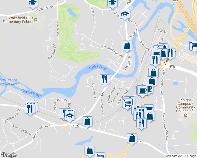map of restaurants, bars, coffee shops, grocery stores, and more near 11 Great Lane in West Warwick