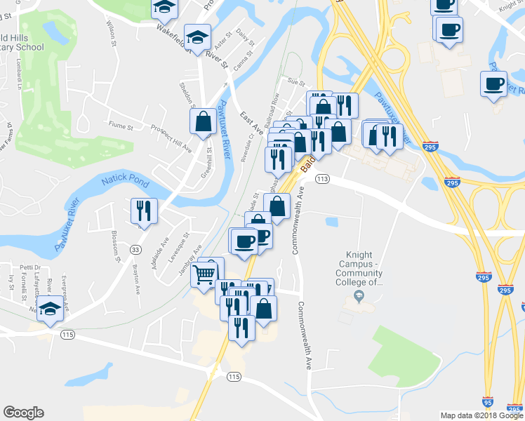 map of restaurants, bars, coffee shops, grocery stores, and more near 87 Tillinghast Avenue in Warwick
