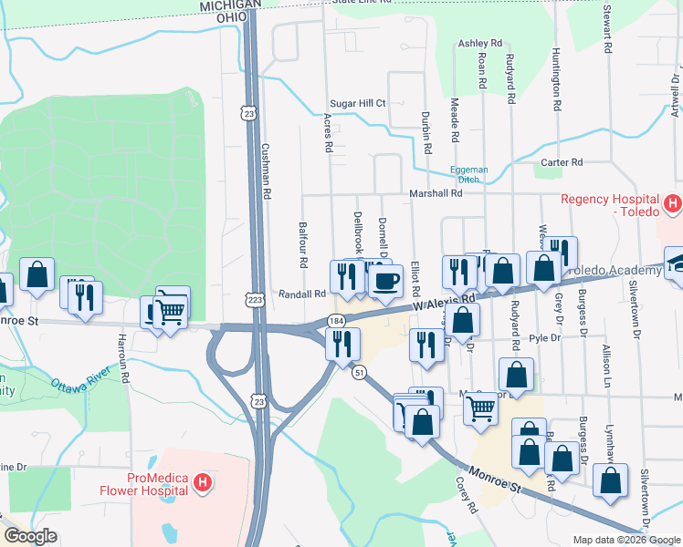 map of restaurants, bars, coffee shops, grocery stores, and more near 5635 Acres Road in Sylvania