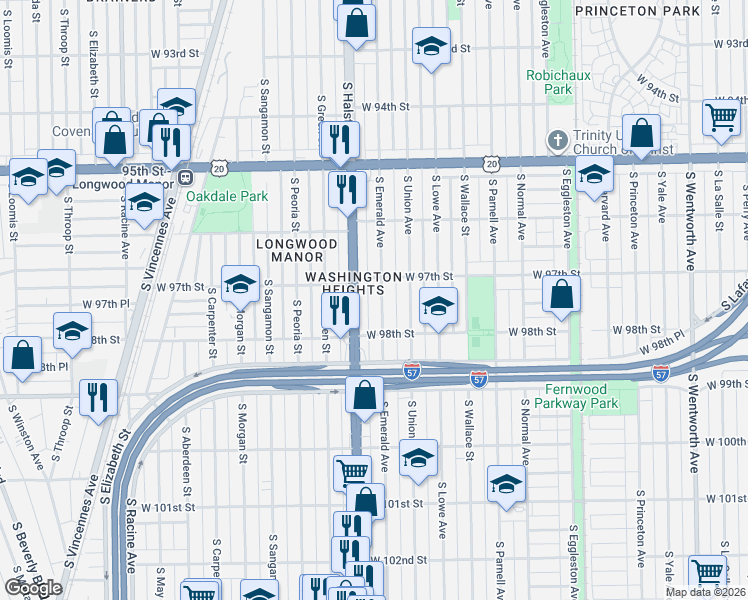 map of restaurants, bars, coffee shops, grocery stores, and more near 9746 South Emerald Avenue in Chicago