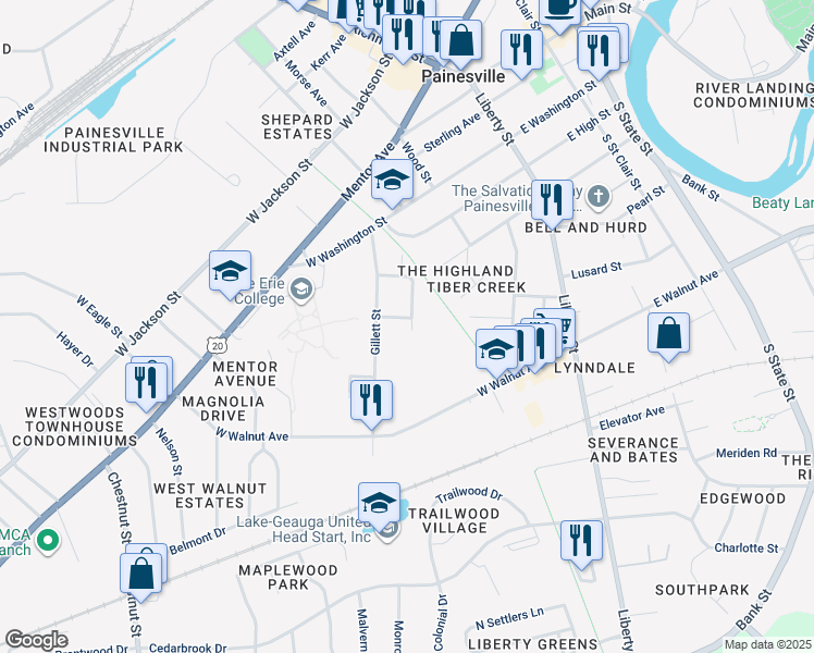map of restaurants, bars, coffee shops, grocery stores, and more near 255 Wickland Street in Painesville
