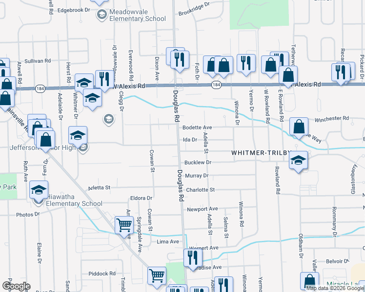 map of restaurants, bars, coffee shops, grocery stores, and more near 2437 Roseview Drive in Toledo
