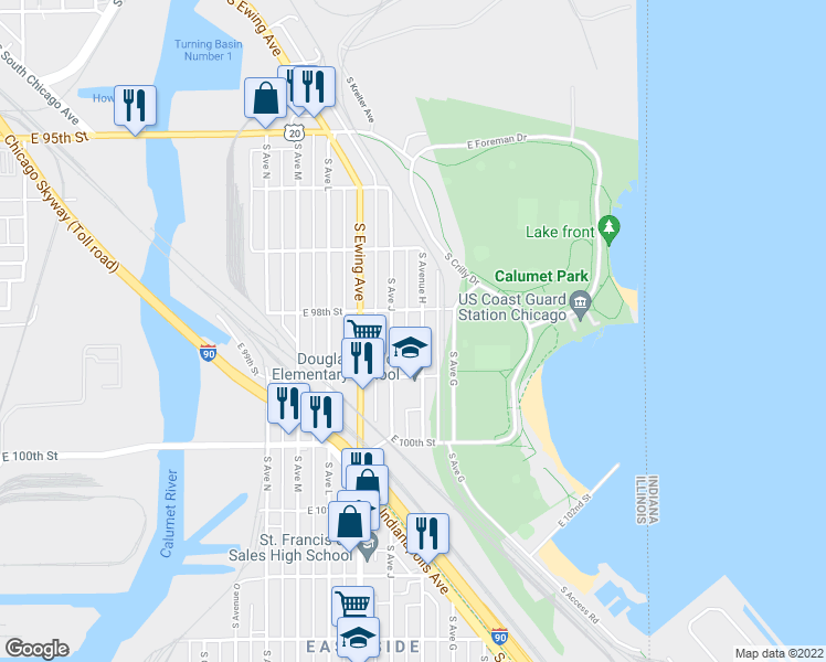 map of restaurants, bars, coffee shops, grocery stores, and more near 9845 South Avenue H in Chicago