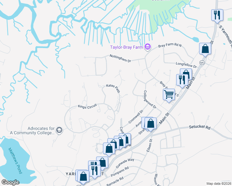 map of restaurants, bars, coffee shops, grocery stores, and more near 32 Kates Path in Yarmouth