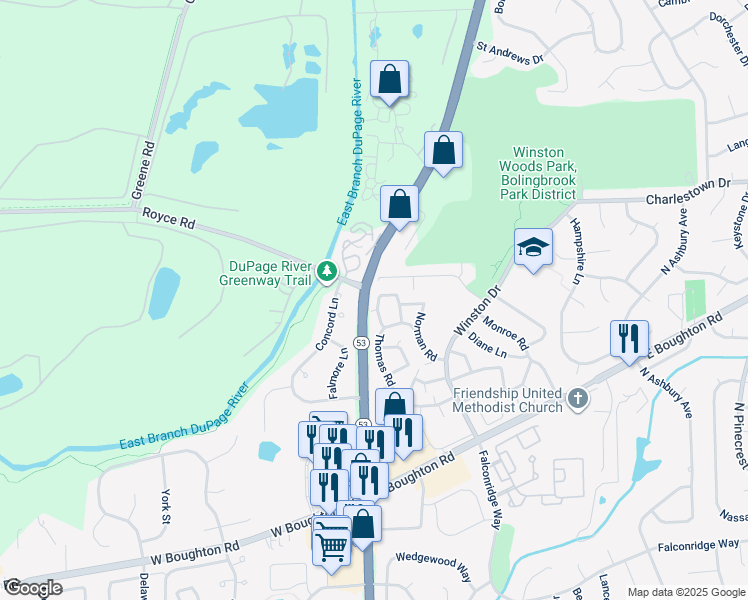 map of restaurants, bars, coffee shops, grocery stores, and more near 597 Eric Way in Bolingbrook