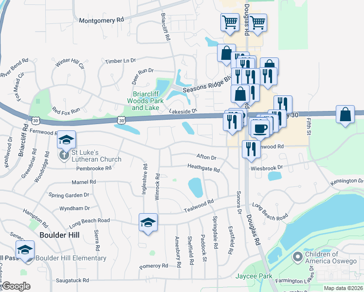 map of restaurants, bars, coffee shops, grocery stores, and more near 3 Afton Drive in Montgomery