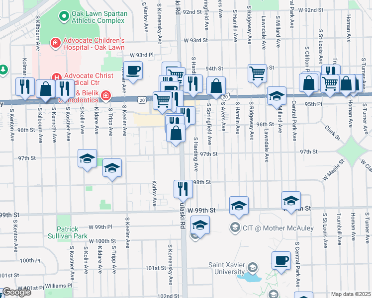 map of restaurants, bars, coffee shops, grocery stores, and more near 9651 South Pulaski Road in Evergreen Park