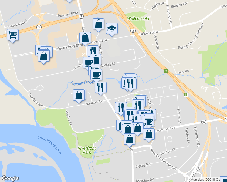 map of restaurants, bars, coffee shops, grocery stores, and more near Crossroads Lane in Glastonbury