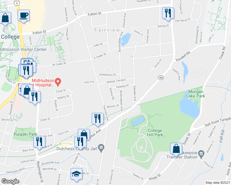map of restaurants, bars, coffee shops, grocery stores, and more near 5 Denver Place in Poughkeepsie