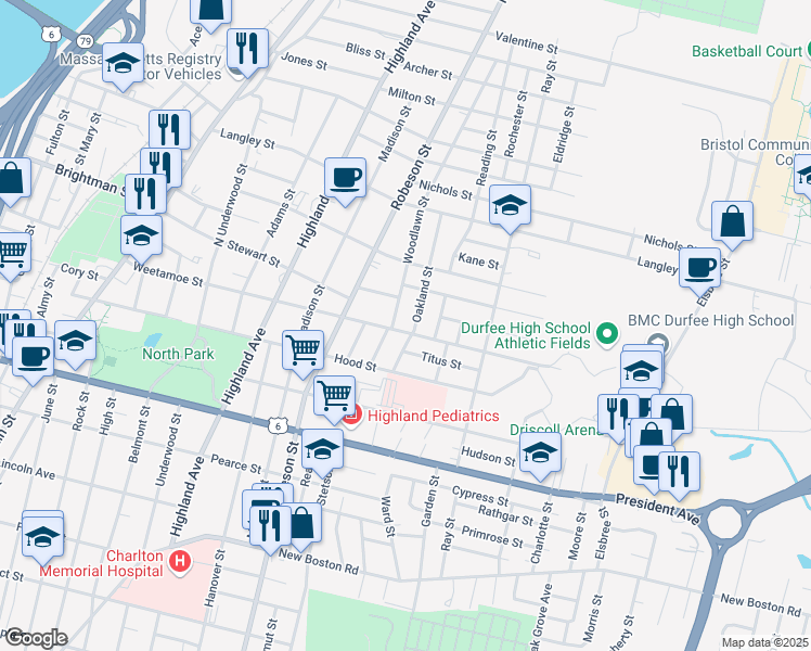 map of restaurants, bars, coffee shops, grocery stores, and more near 665 Weetamoe Street in Fall River