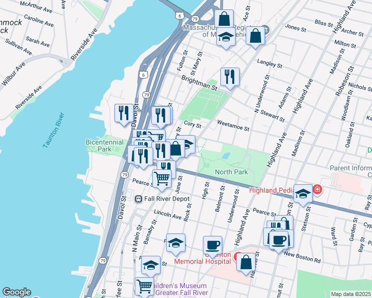 map of restaurants, bars, coffee shops, grocery stores, and more near 387 Brownell Street in Fall River