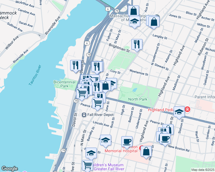 map of restaurants, bars, coffee shops, grocery stores, and more near 1114 North Main Street in Fall River