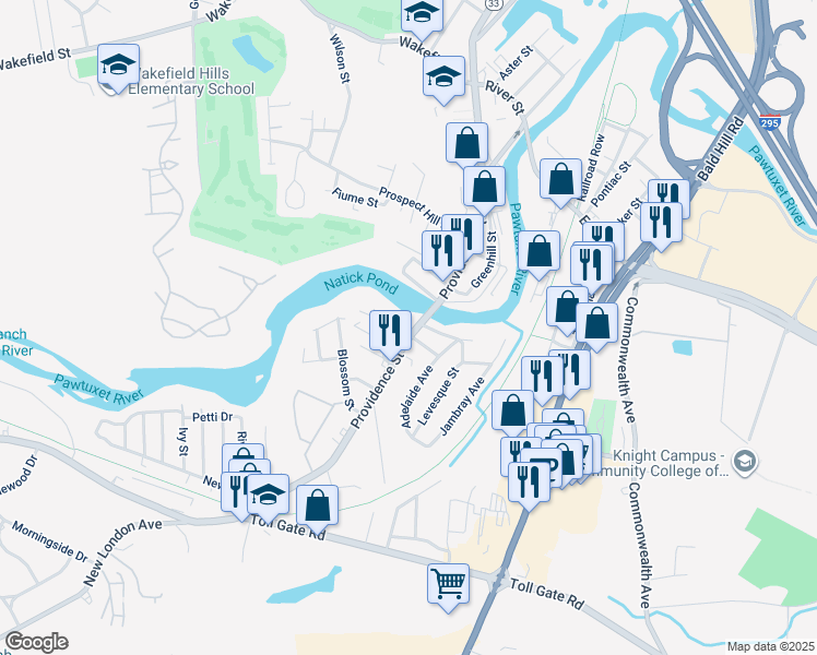 map of restaurants, bars, coffee shops, grocery stores, and more near 582 Providence Street in West Warwick