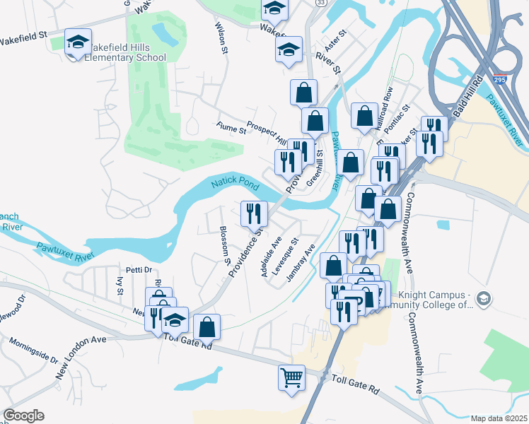 map of restaurants, bars, coffee shops, grocery stores, and more near 582 Providence Street in West Warwick