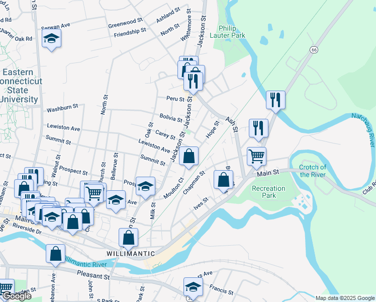 map of restaurants, bars, coffee shops, grocery stores, and more near 120 Hope Street in Windham