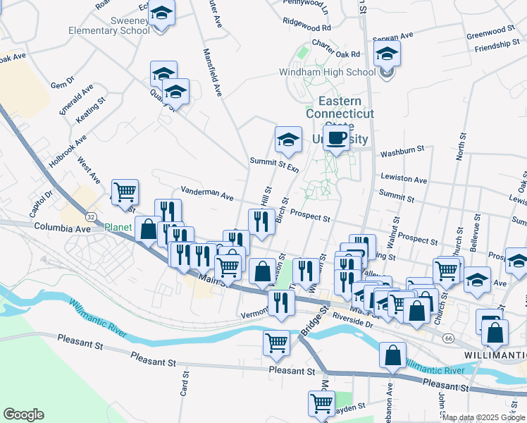 map of restaurants, bars, coffee shops, grocery stores, and more near 96 Birch Street in Windham