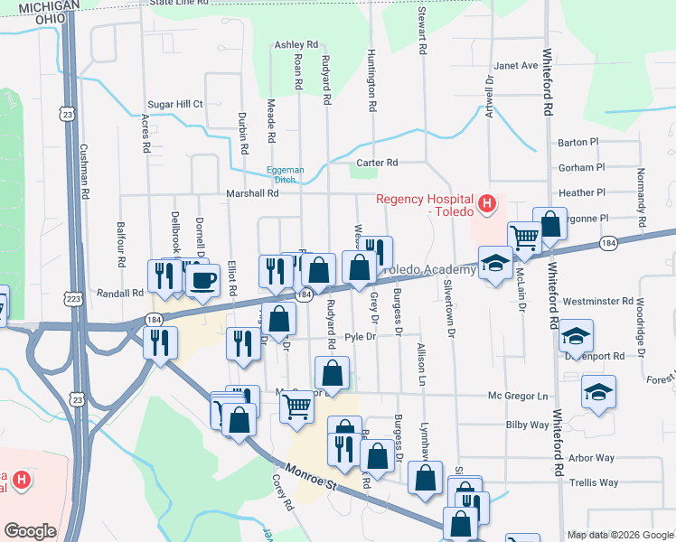 map of restaurants, bars, coffee shops, grocery stores, and more near 5509 West Alexis Road in Sylvania