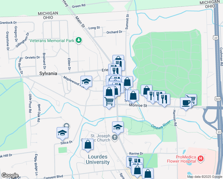 map of restaurants, bars, coffee shops, grocery stores, and more near 6635 Maplewood Avenue in Sylvania