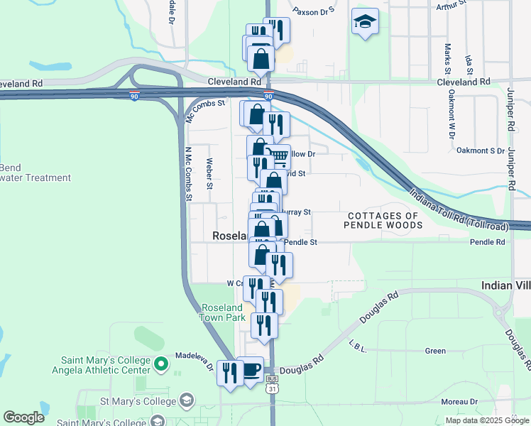 map of restaurants, bars, coffee shops, grocery stores, and more near 120 North Dixie Way in South Bend