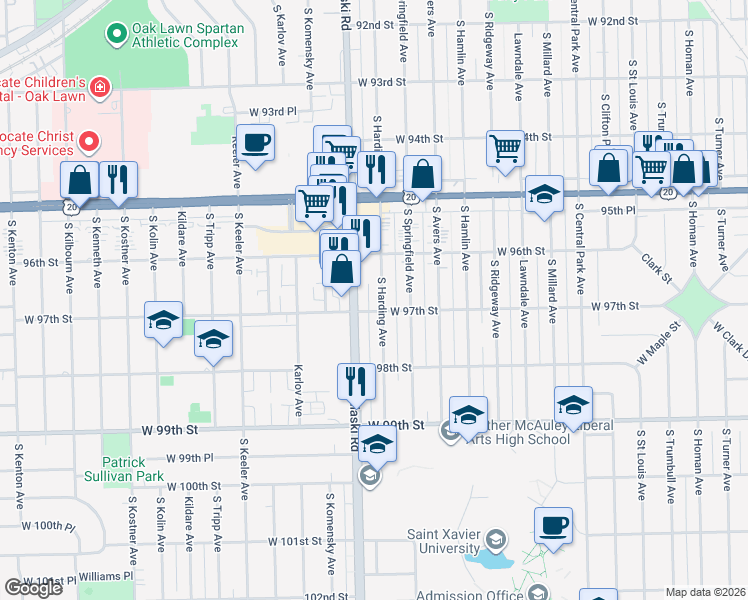 map of restaurants, bars, coffee shops, grocery stores, and more near 9708 South Harding Avenue in Evergreen Park