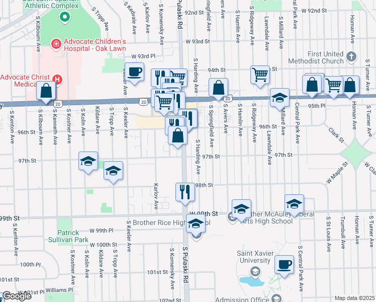 map of restaurants, bars, coffee shops, grocery stores, and more near 4001 West 97th Street in Oak Lawn