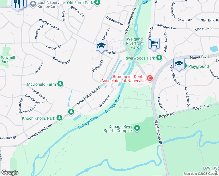 map of restaurants, bars, coffee shops, grocery stores, and more near 103 Settlers Drive in Naperville