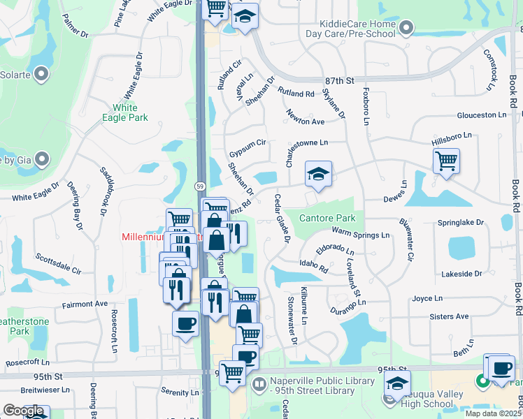 map of restaurants, bars, coffee shops, grocery stores, and more near 2830 Alameda Court in Naperville
