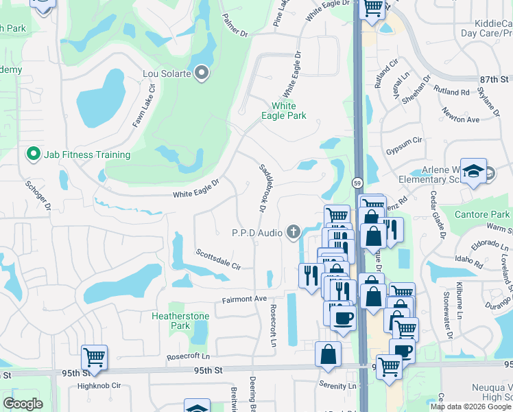 map of restaurants, bars, coffee shops, grocery stores, and more near 2628 Saddlebrook Drive in Naperville