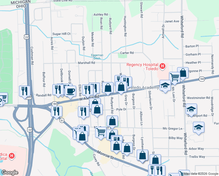 map of restaurants, bars, coffee shops, grocery stores, and more near 5509 West Alexis Road in Sylvania