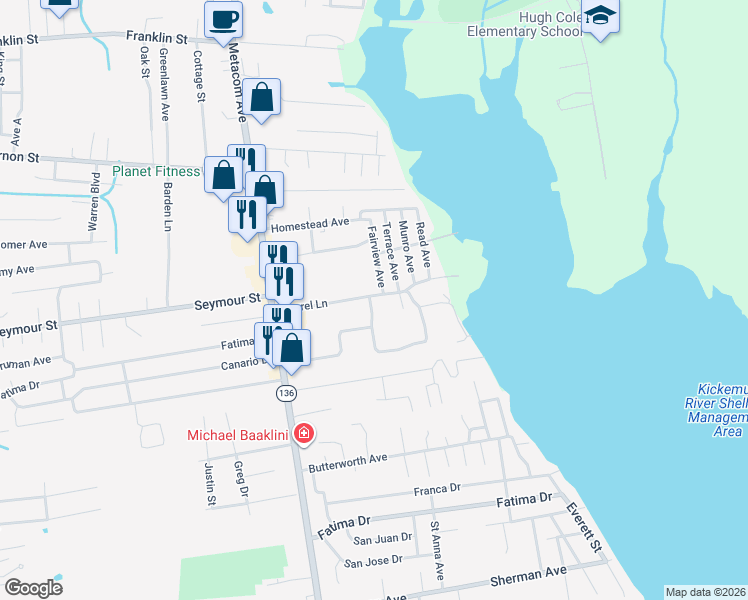 map of restaurants, bars, coffee shops, grocery stores, and more near 27 Laurel Lane in Warren