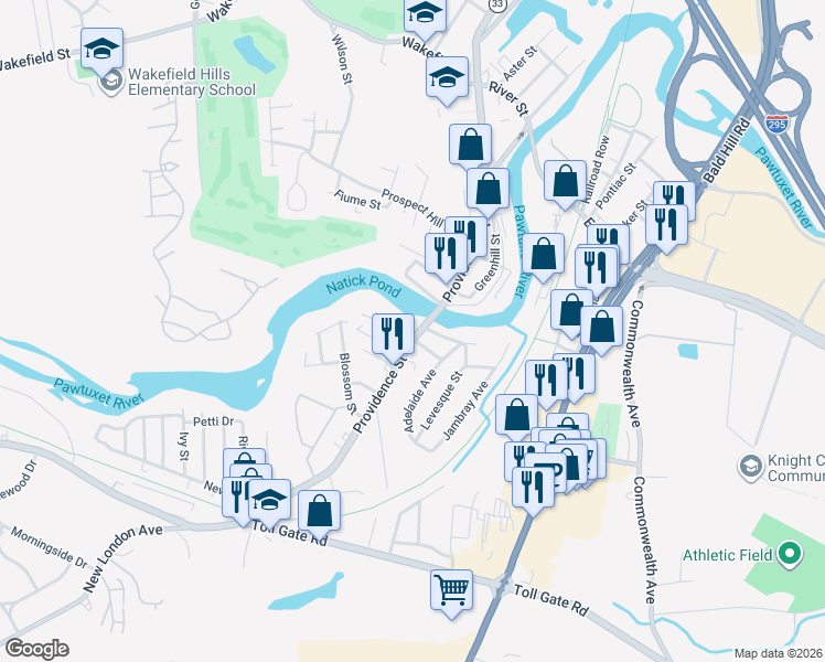 map of restaurants, bars, coffee shops, grocery stores, and more near 582 Providence Street in West Warwick