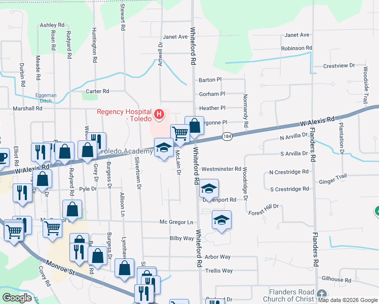 map of restaurants, bars, coffee shops, grocery stores, and more near 5614 Mc Lain Drive in Sylvania