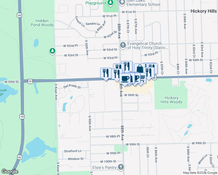 map of restaurants, bars, coffee shops, grocery stores, and more near 9529 89th Avenue in Palos Hills
