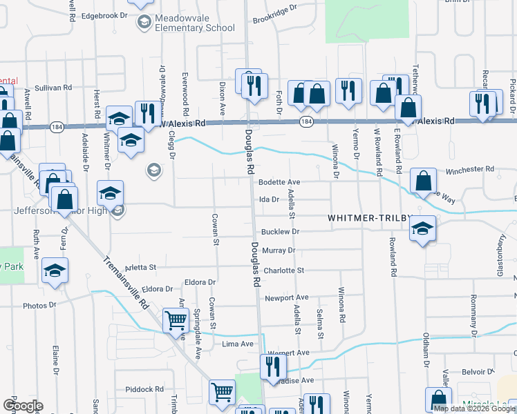 map of restaurants, bars, coffee shops, grocery stores, and more near 2437 Roseview Drive in Toledo