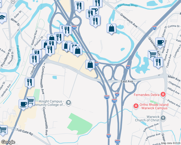 map of restaurants, bars, coffee shops, grocery stores, and more near 375 East Avenue in Warwick