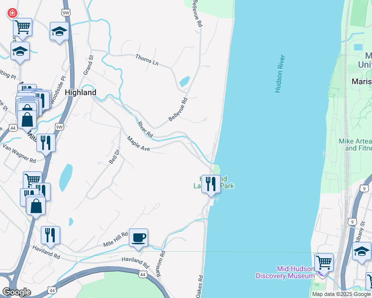 map of restaurants, bars, coffee shops, grocery stores, and more near 39 Maple Avenue in Highland