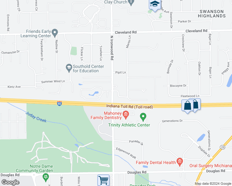 map of restaurants, bars, coffee shops, grocery stores, and more near 17980 Tollview Drive in South Bend