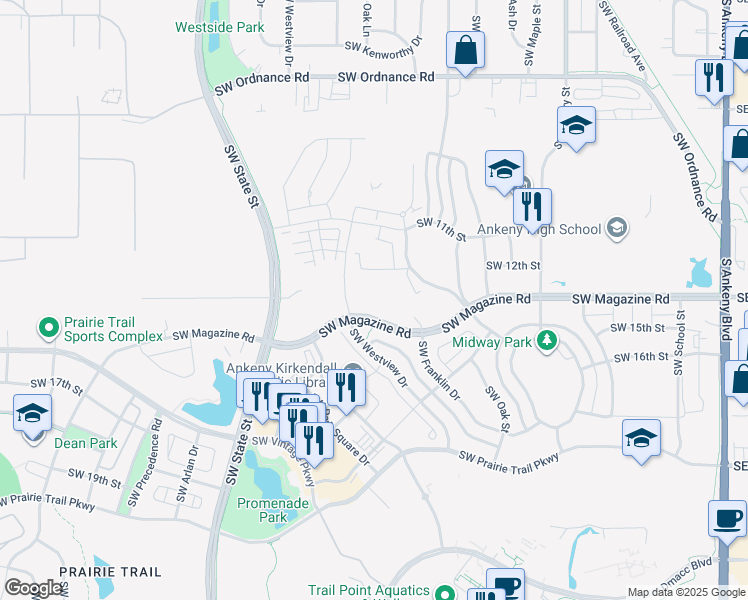 map of restaurants, bars, coffee shops, grocery stores, and more near 1250 Southwest Magazine Road in Ankeny