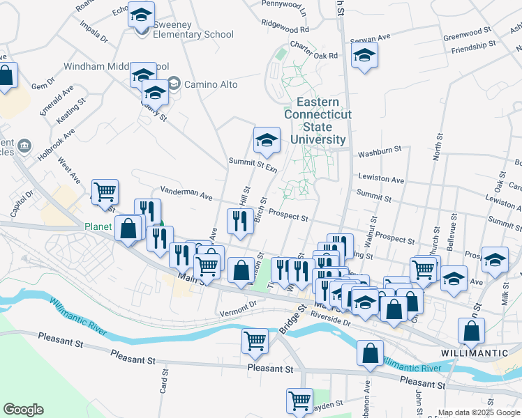 map of restaurants, bars, coffee shops, grocery stores, and more near Prospect Street & Birch Street in Windham