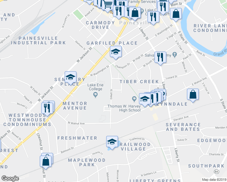 map of restaurants, bars, coffee shops, grocery stores, and more near 163 Gillett Street in Painesville