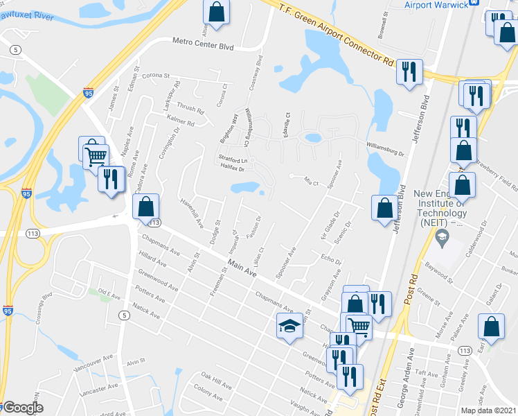 map of restaurants, bars, coffee shops, grocery stores, and more near 24 Fashion Drive in Warwick