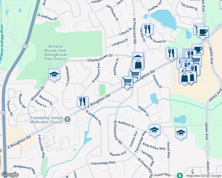 map of restaurants, bars, coffee shops, grocery stores, and more near 7 Assembly Court in Bolingbrook