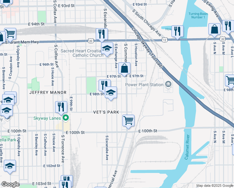 map of restaurants, bars, coffee shops, grocery stores, and more near S Exchange Ave & E 98th St in Chicago