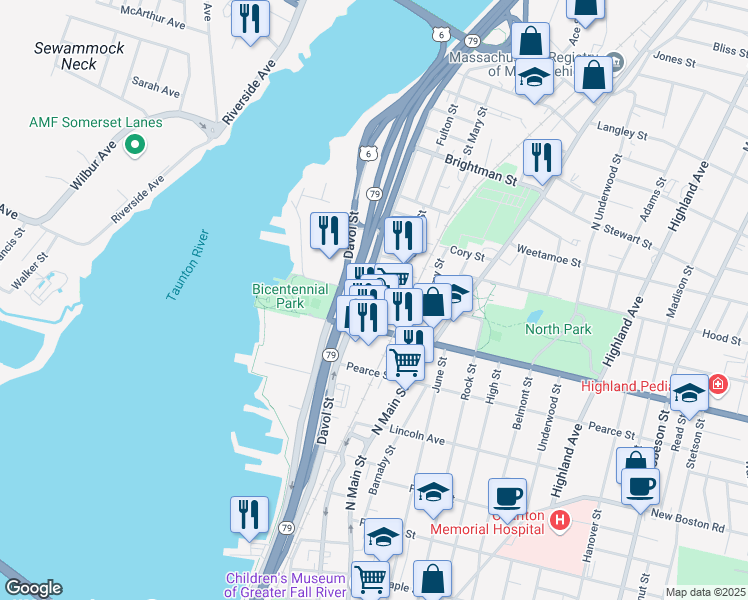 map of restaurants, bars, coffee shops, grocery stores, and more near 97 Lindsey Street in Fall River