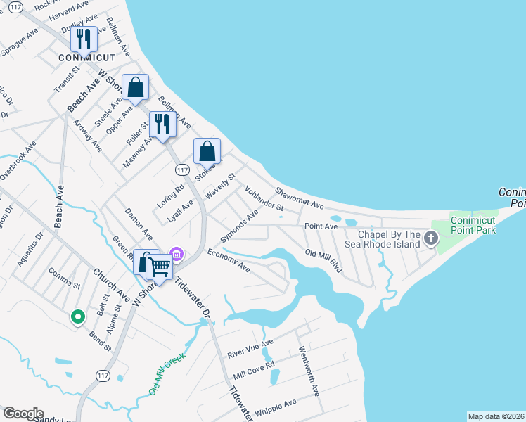 map of restaurants, bars, coffee shops, grocery stores, and more near 33 Symonds Avenue in Warwick