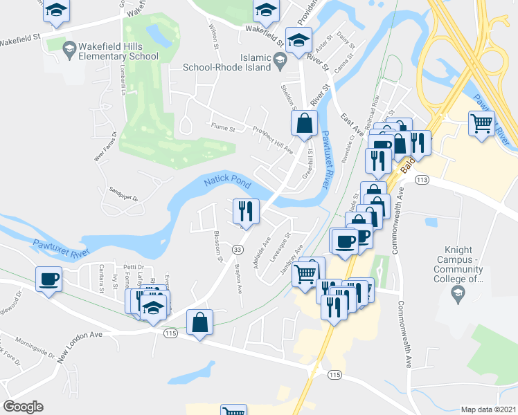 map of restaurants, bars, coffee shops, grocery stores, and more near 14 Gage Street in West Warwick