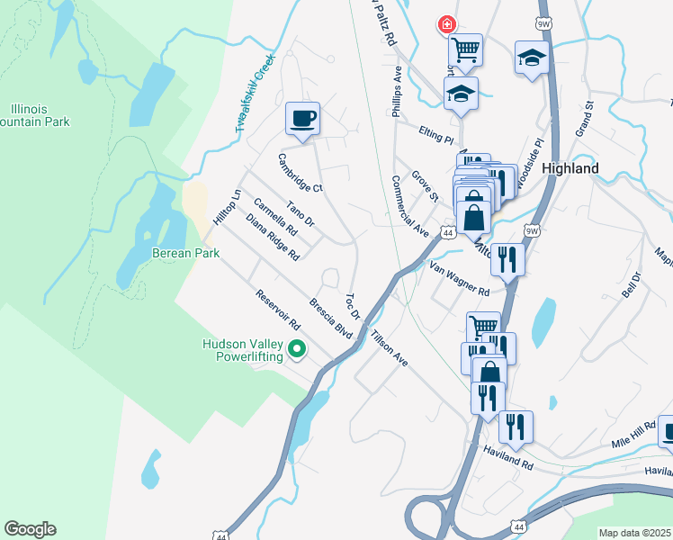 map of restaurants, bars, coffee shops, grocery stores, and more near 1 Tano Drive in Highland