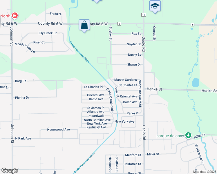 map of restaurants, bars, coffee shops, grocery stores, and more near 2268-2278 Penn Railroad in Elkhart