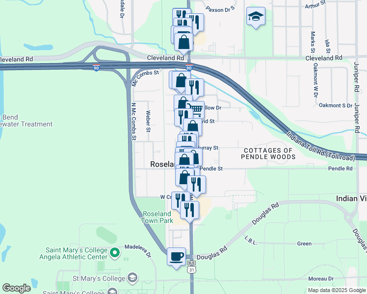 map of restaurants, bars, coffee shops, grocery stores, and more near 215 Ullery Street in South Bend